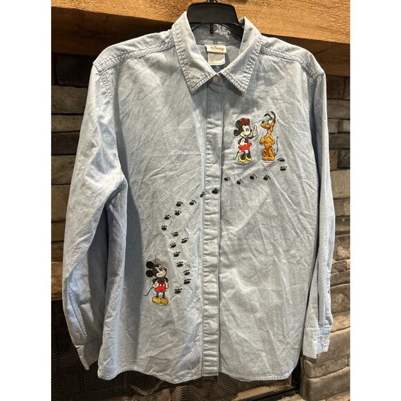 Women’s DISNEY Chambray Blue Embroidered Mickey/Minnie/Pluto Shirt L *A8 - Picture 1 of 4